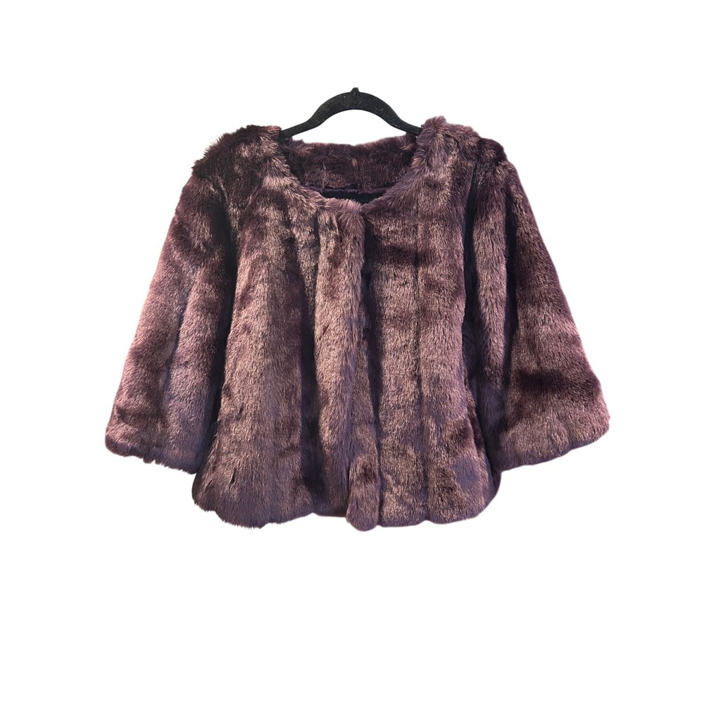 Calvin Klein Plum Purple Faux Fur Cropped Jacket 3/4 Sleeve Size M Womens
